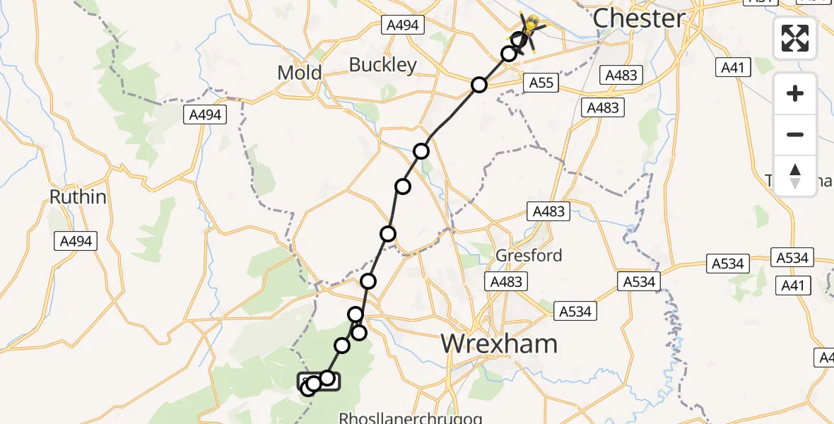 Flight path map showing Police Helicopter route from Penycae to Hawarden Airport