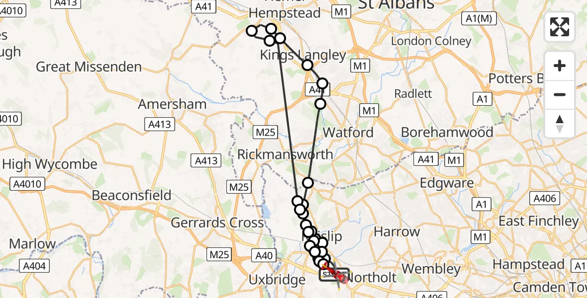 Flight path map showing Air Ambulance Helicopter route from RAF Northolt to RAF Northolt