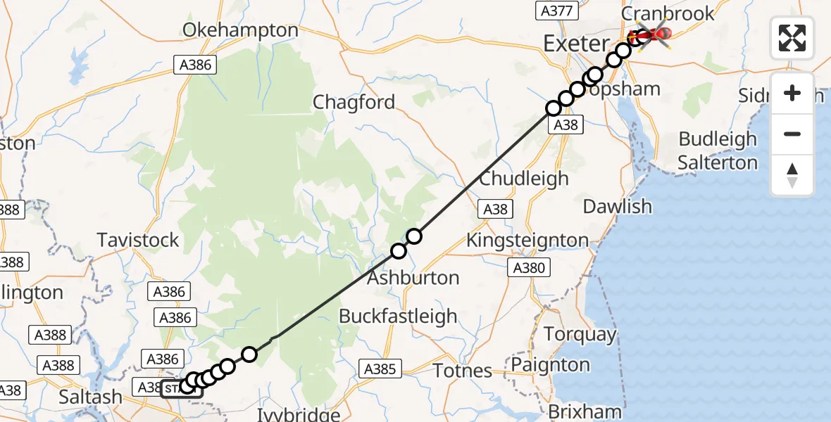 Flight path map showing Air Ambulance Helicopter route from Mainstone to Exeter International Airport