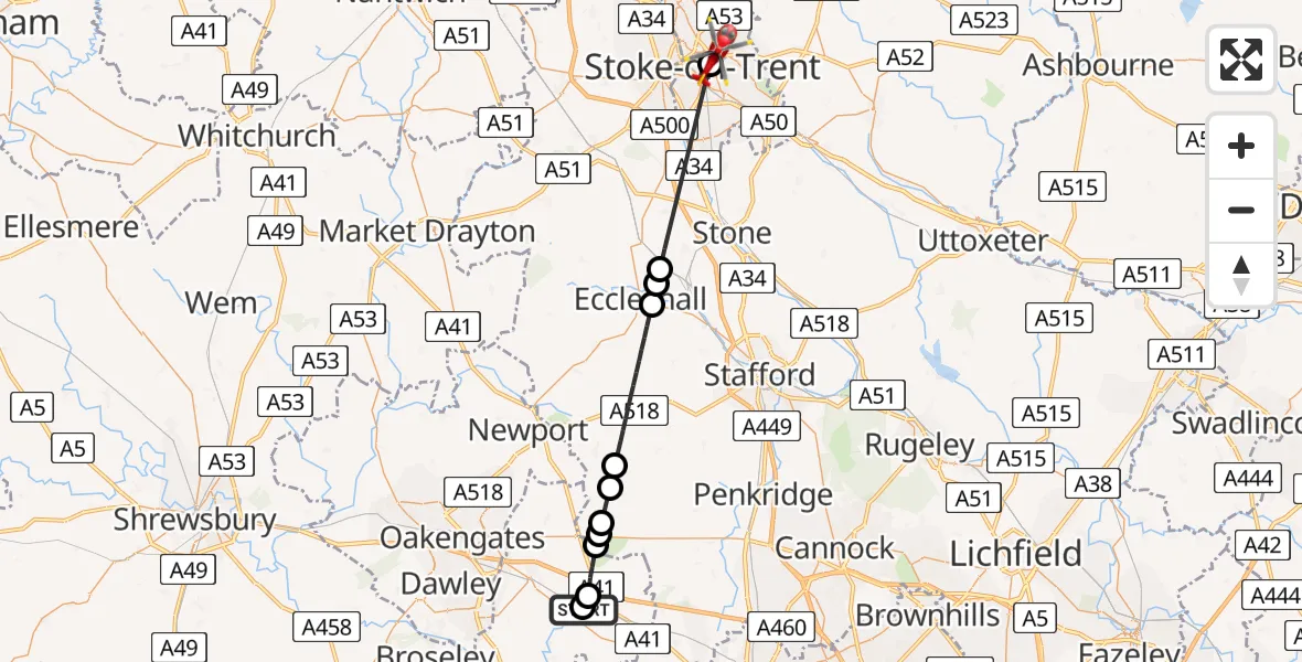 Flight path map showing Air Ambulance Helicopter route from RAF Cosford to Hanley