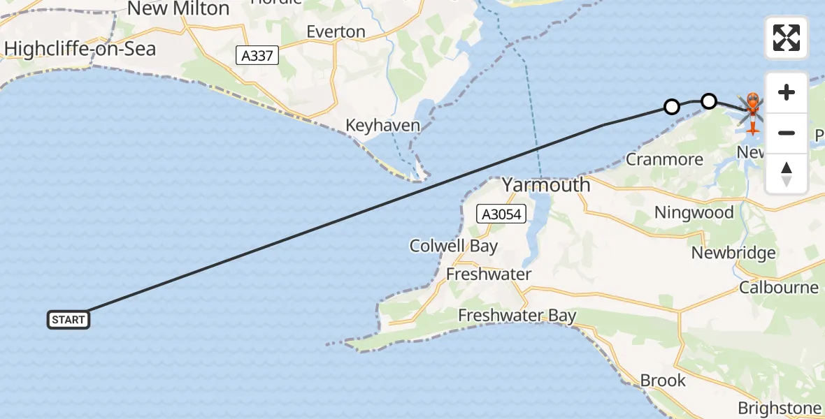 Flight path map showing Coastguard Helicopter route from English Channel to Shalfleet