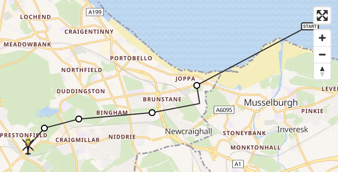 Flight path map showing Police Helicopter route from North Sea to Prestonfield