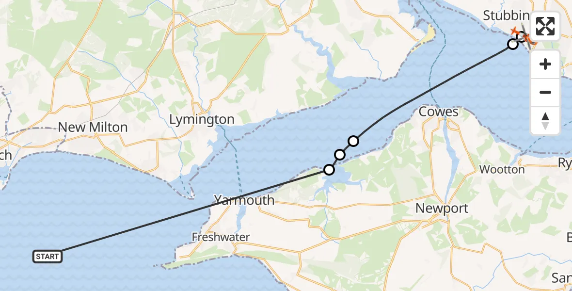 Flight path map showing Coastguard Helicopter route from English Channel to Solent Airport