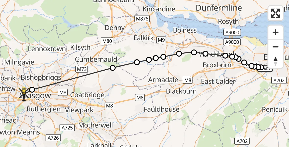 Flight path map showing Police Helicopter route from Longstone to Glasgow City Heliport