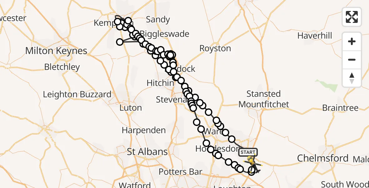 Flight path map showing Police Helicopter route from Harlow to North Weald Airfield