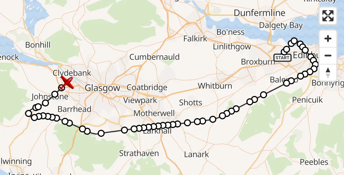 Flight path map showing Air Ambulance Aircraft route from Edinburgh Airport to Glasgow Airport
