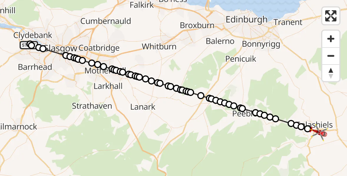 Flight path map showing Air Ambulance Helicopter route from Glasgow Airport to Galashiels
