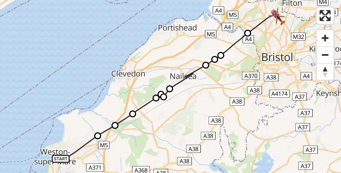 Flight path map showing Air Ambulance Helicopter route from Weston-super-Mare to Bristol