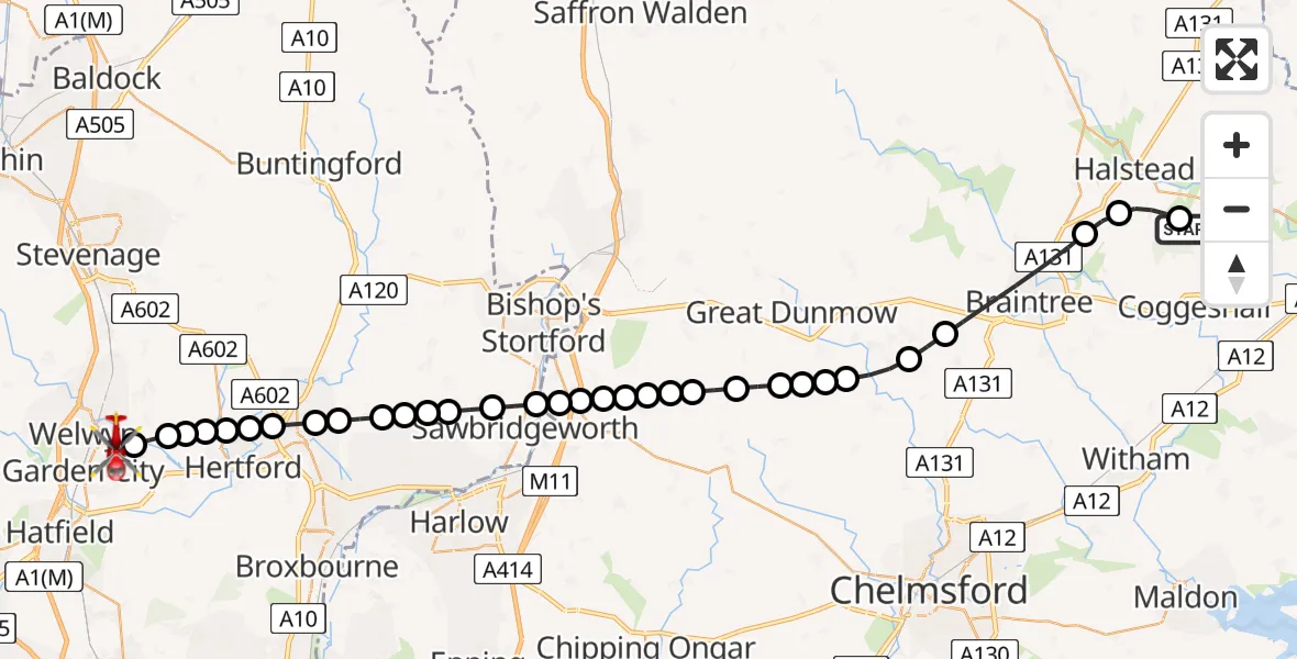 Flight path map showing Air Ambulance Helicopter route from Earls Colne Airfield to Welwyn Garden City
