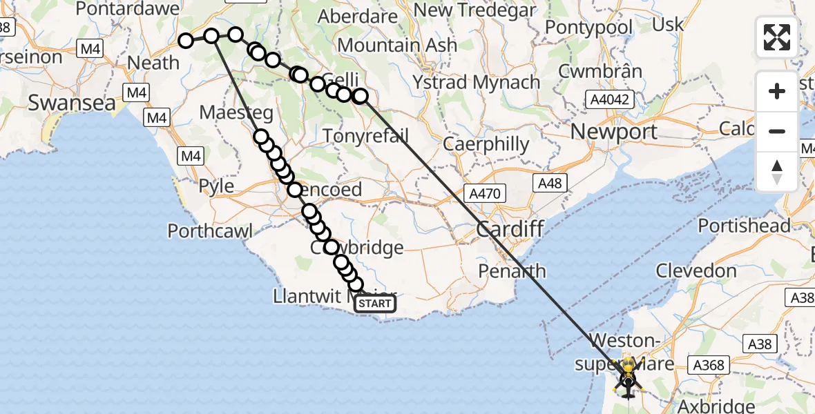 Flight path map showing Police Helicopter route from MOD St Athan to Uphill