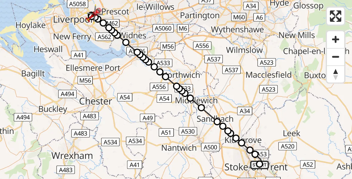 Flight path map showing Air Ambulance Helicopter route from Hanley to Knotty Ash