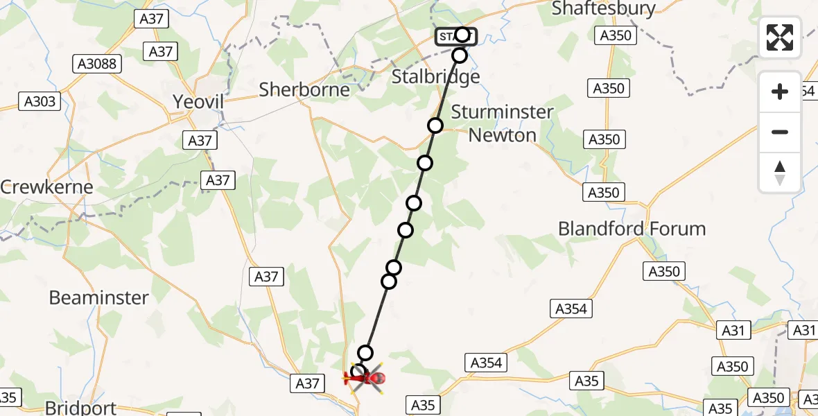 Flight path map showing Air Ambulance Helicopter route from Henstridge Airfield to Charlton Down