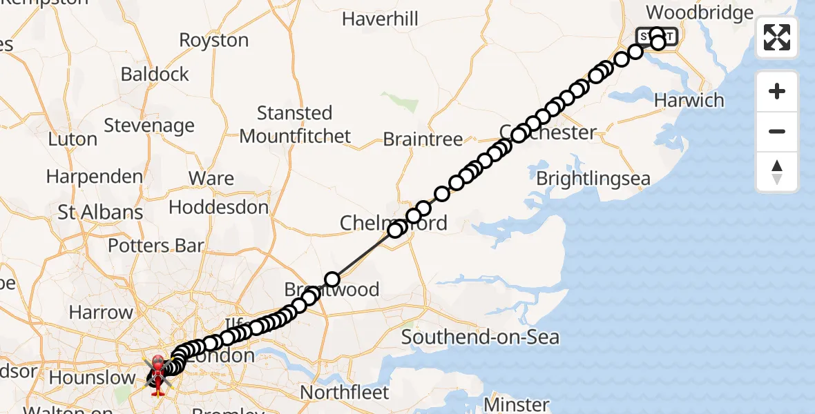 Flight path map showing Air Ambulance Helicopter route from Ipswich Hospital to London Heliport