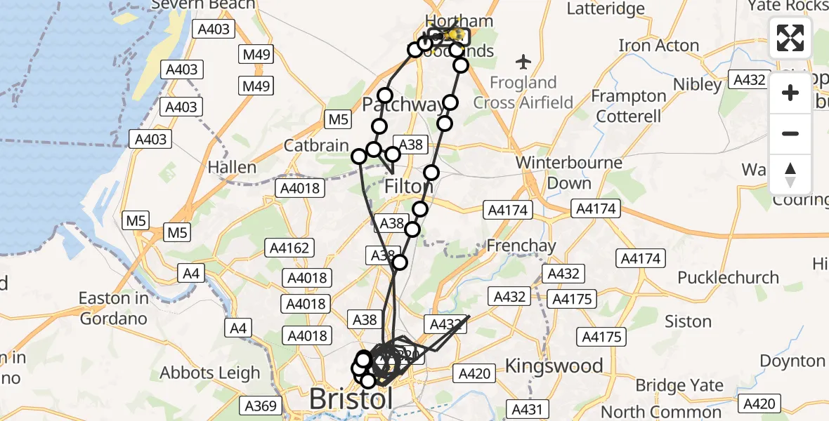 Flight path map showing Police Helicopter route from Almondsbury Helicopter Base to Almondsbury Helicopter Base
