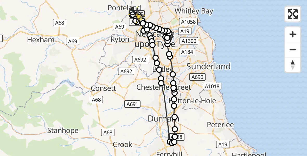 Flight path map showing Police Helicopter route from Newcastle International Airport to Newcastle International Airport