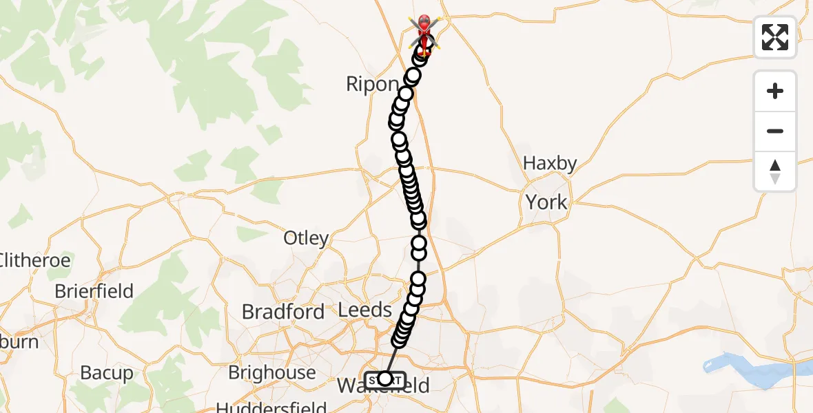 Flight path map showing Air Ambulance Helicopter route from Newton Hill to RAF Topcliffe