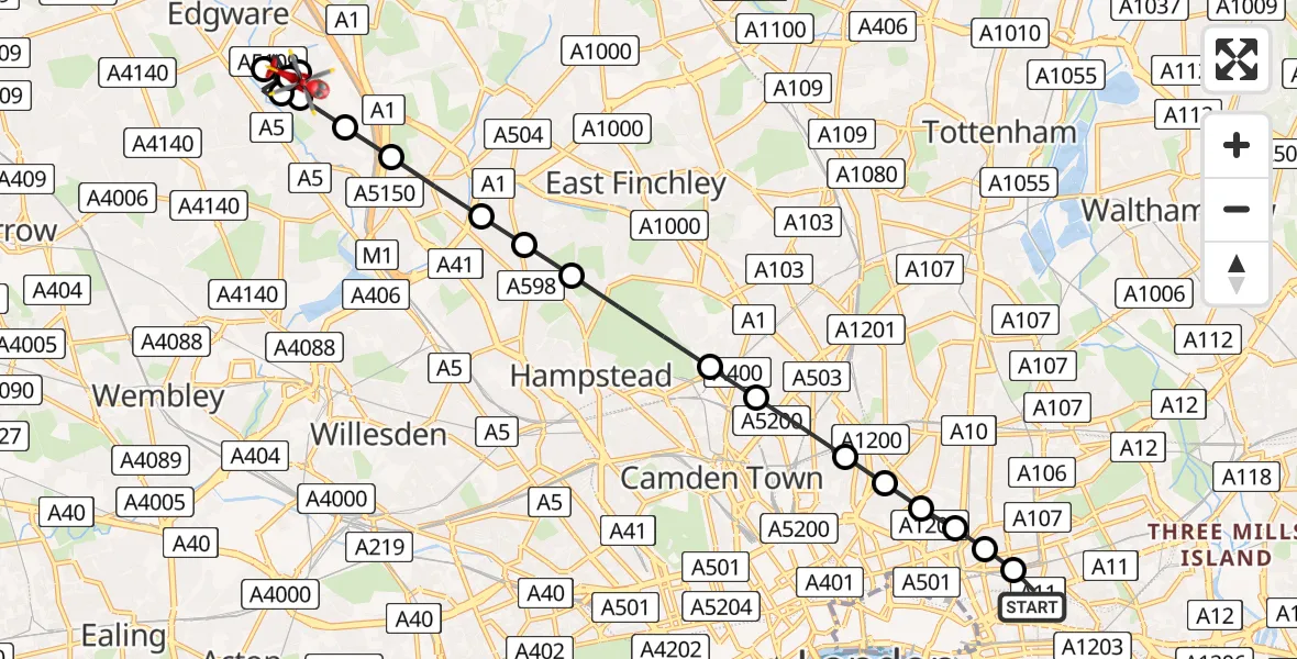 Flight path map showing Air Ambulance Helicopter route from Royal London Hospital to Mill Hill