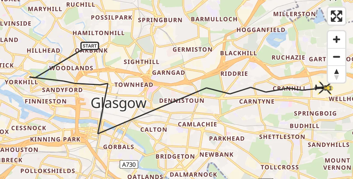 Flight path map showing Police Helicopter route from Glasgow to Glasgow