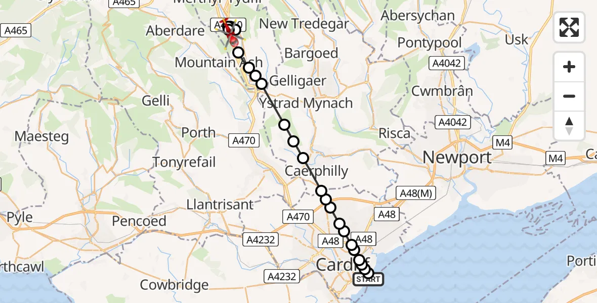 Flight path map showing Air Ambulance Helicopter route from Cardiff Heliport to Aberfan