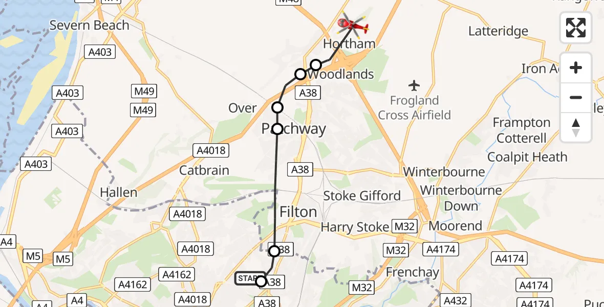 Flight path map showing Air Ambulance Helicopter route from Southmead Hospital to Woodlands
