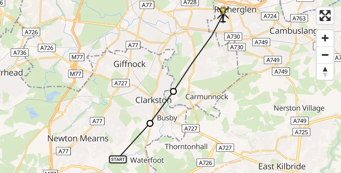 Flight path map showing Police Helicopter route from Newton Mearns to Glasgow
