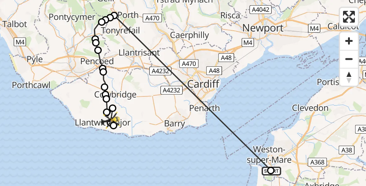 Flight path map showing Police Helicopter route from Weston General Hospital to Boverton