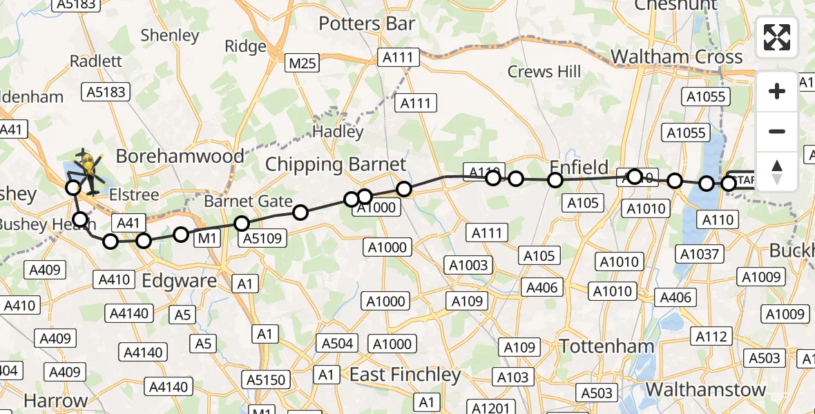 Flight path map showing Police Helicopter route from Chingford to Aldenham