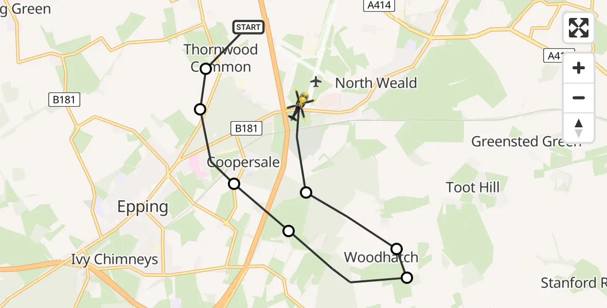 Flight path map showing Police Helicopter route from North Weald Bassett to North Weald Airfield