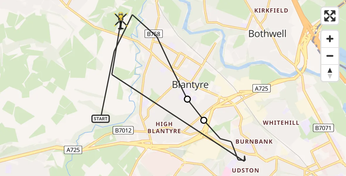 Flight path map showing Police Helicopter route from Blantyre to Blantyre