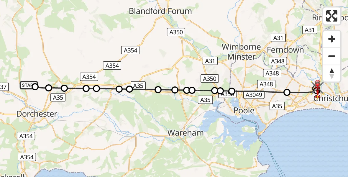 Flight path map showing Air Ambulance Helicopter route from Charlton Down to Royal Bournemouth Hospital