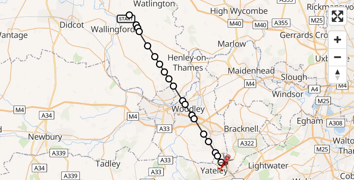 Flight path map showing Air Ambulance Helicopter route from RAF Benson to Sandhurst