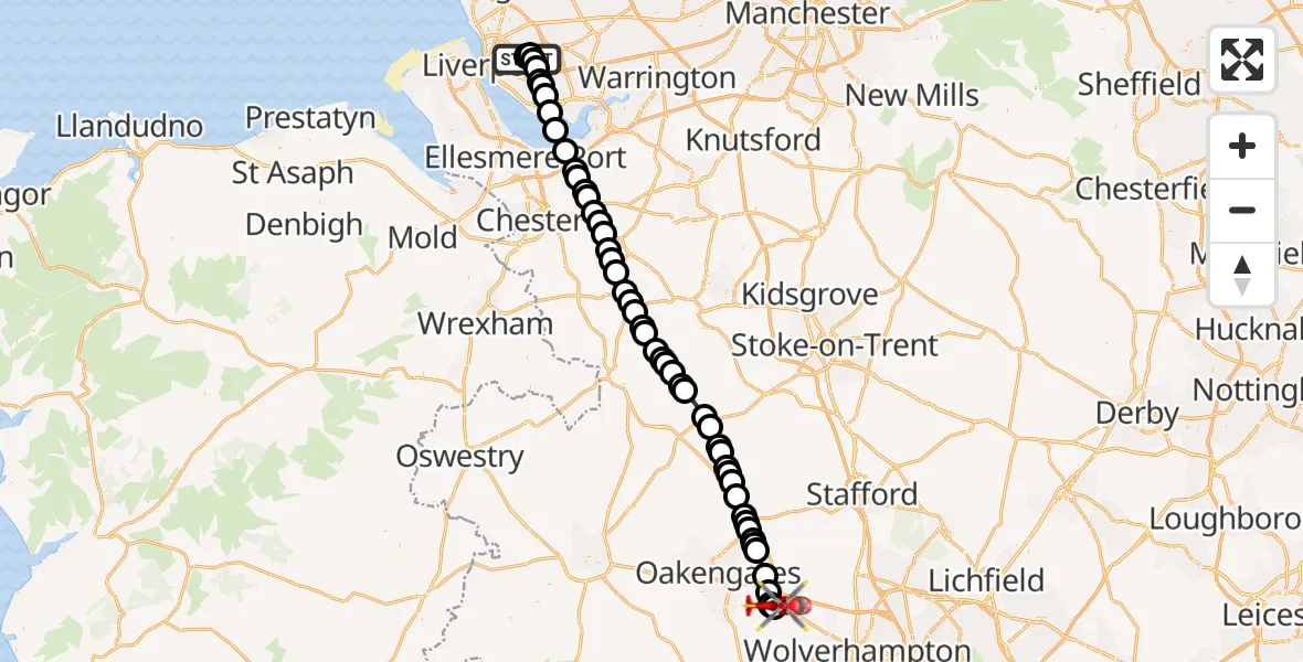 Flight path map showing Air Ambulance Helicopter route from Knotty Ash to Cosford