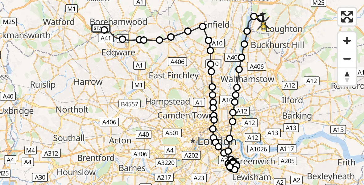 Flight path map showing Police Helicopter route from Aldenham to Sewardstonebury
