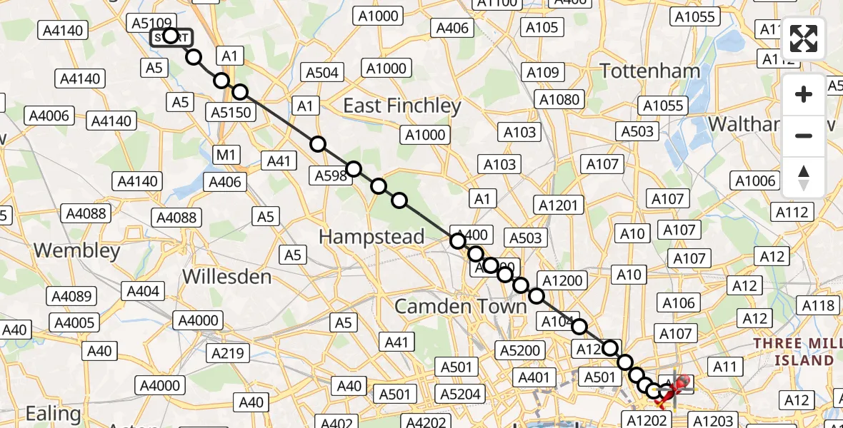 Flight path map showing Air Ambulance Helicopter route from Barnet to Royal London Hospital