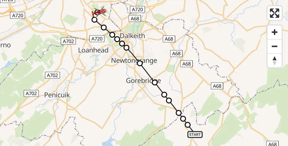 Flight path map showing Air Ambulance Helicopter route from Heriot Station to Moredun
