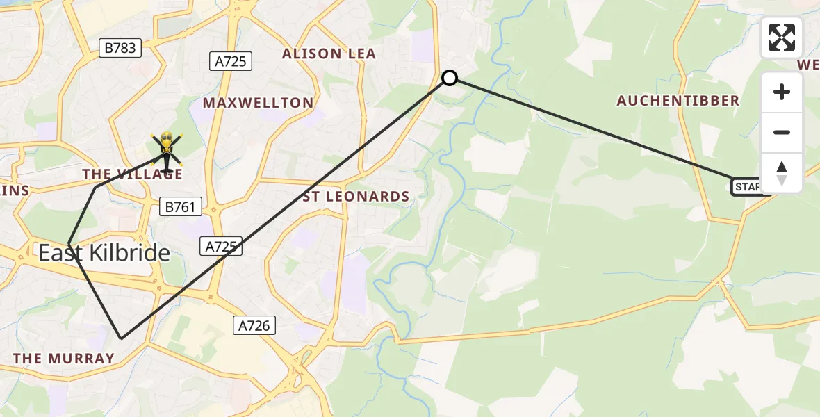 Flight path map showing Police Helicopter route from West Craigs to East Kilbride