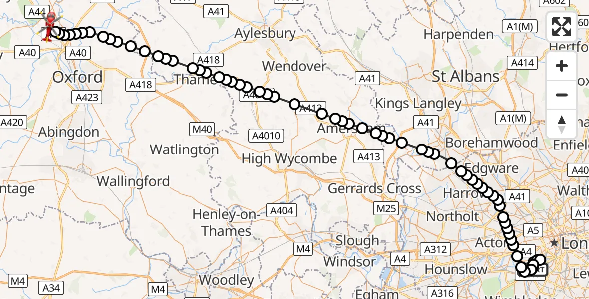 Flight path map showing Air Ambulance Helicopter route from London Heliport to Begbroke