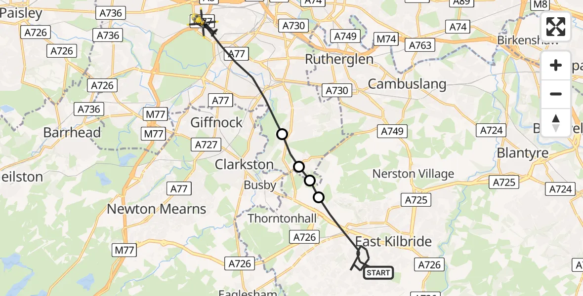 Flight path map showing Police Helicopter route from East Kilbride to Glasgow