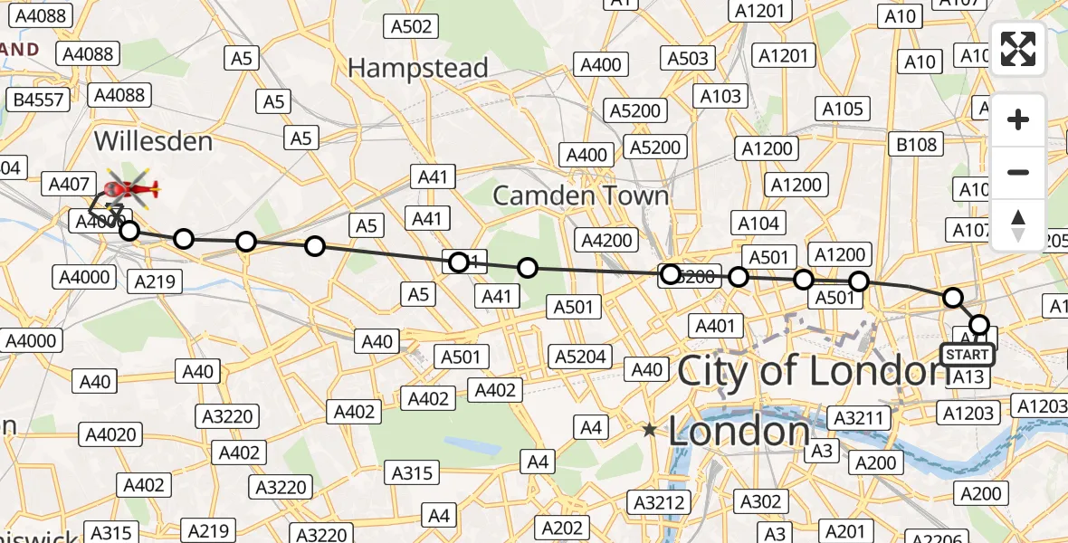 Flight path map showing Air Ambulance Helicopter route from Royal London Hospital to Harlesden