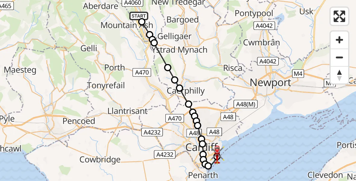 Flight path map showing Air Ambulance Helicopter route from Aberfan to Cardiff Heliport