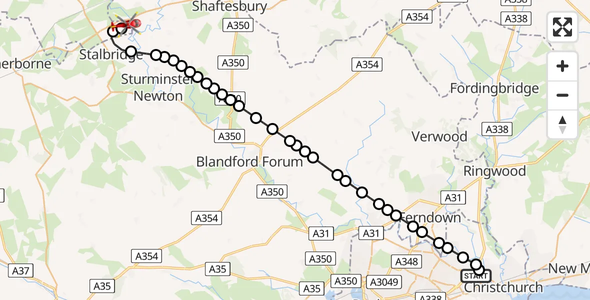 Flight path map showing Air Ambulance Helicopter route from Royal Bournemouth Hospital to Henstridge Airfield