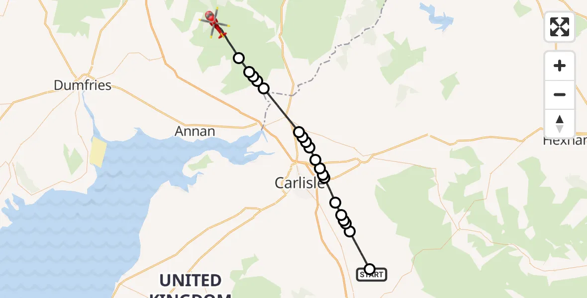Flight path map showing Air Ambulance Helicopter route from Great Salkeld to Dumfries and Galloway
