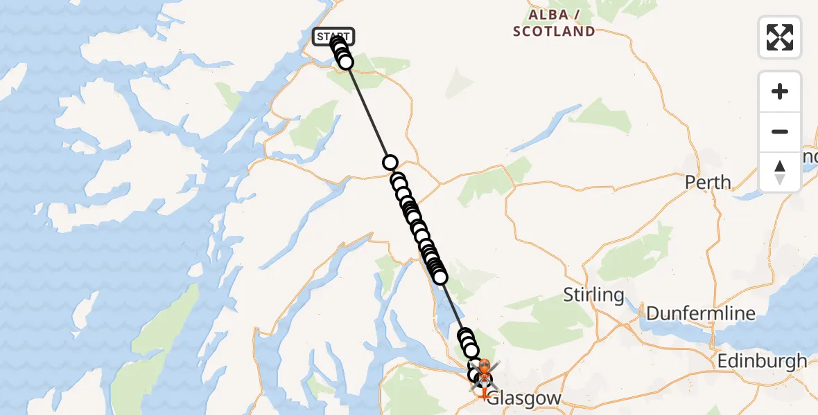 Flight path map showing Coastguard Helicopter route from Coire a' Mhuilinn to Golden Jubilee Hospital