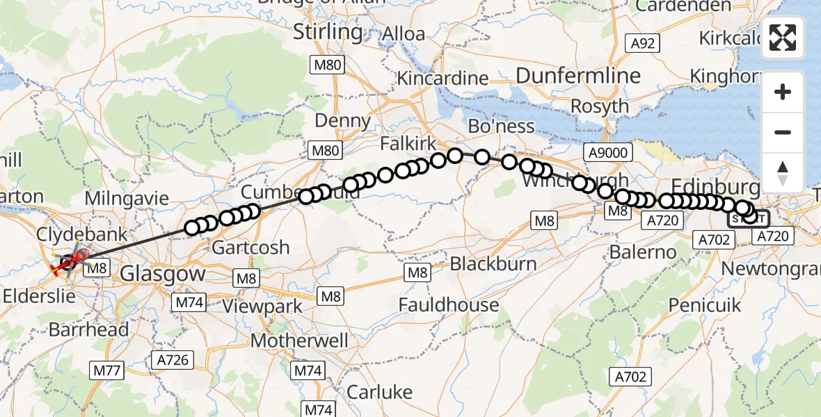 Flight path map showing Air Ambulance Helicopter route from RIE Rooftop to Glasgow Airport