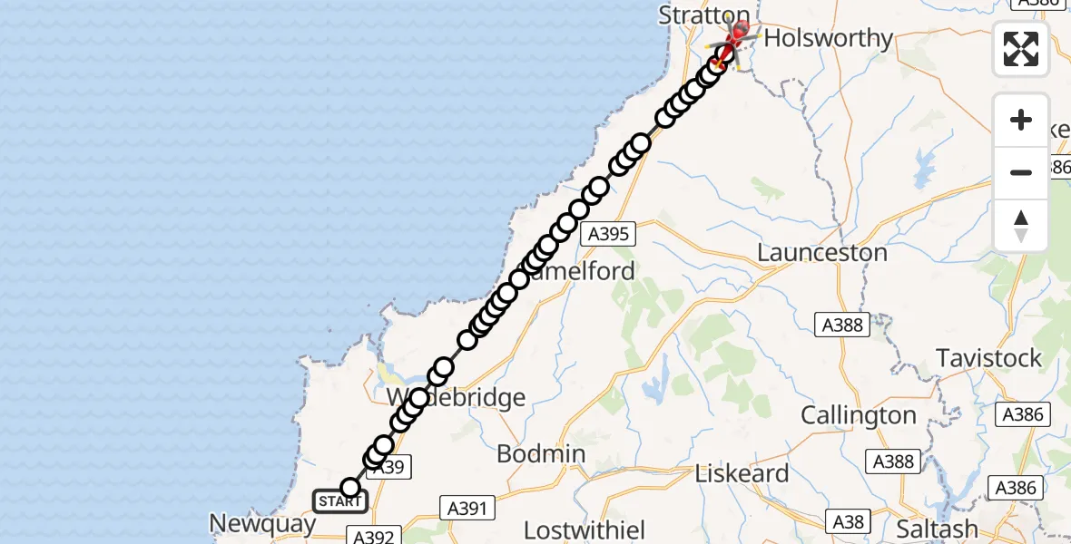 Flight path map showing Air Ambulance Helicopter route from Cornwall Airport Newquay to Stratton