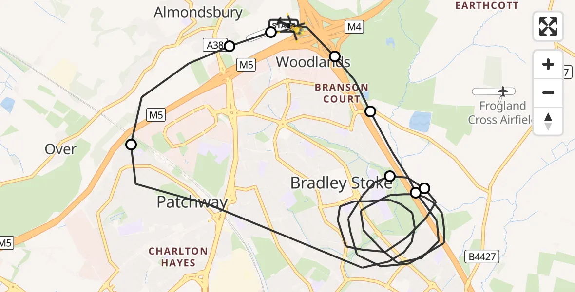 Flight path map showing Police Helicopter route from Almondsbury Helicopter Base to Almondsbury Helicopter Base