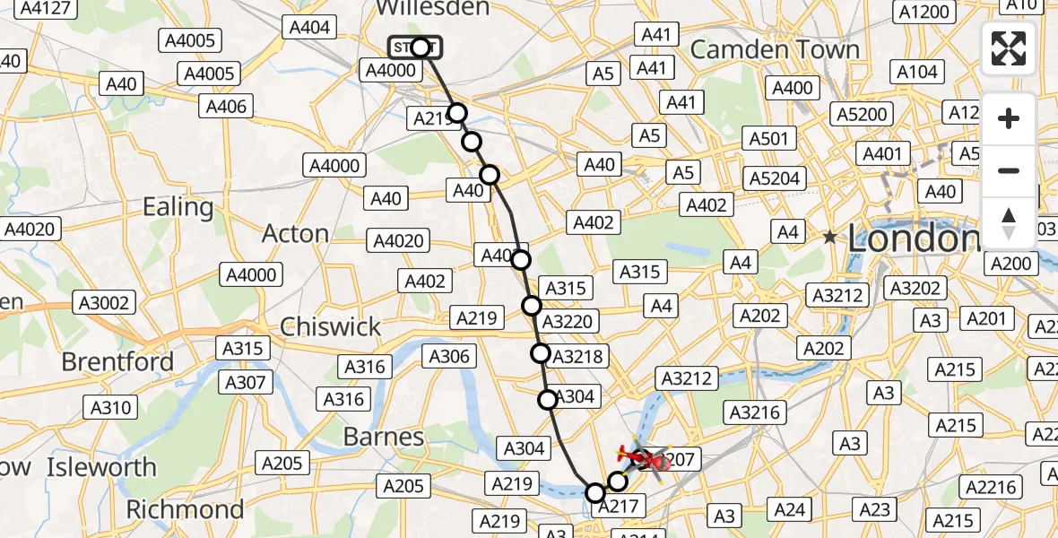 Flight path map showing Air Ambulance Helicopter route from Harlesden to London Heliport