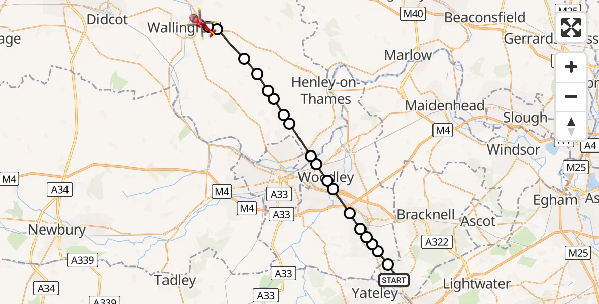 Flight path map showing Air Ambulance Helicopter route from Sandhurst to Crowmarsh Gifford