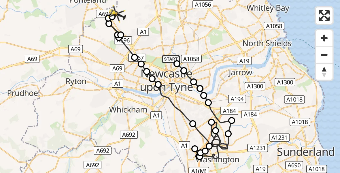 Flight path map showing Police Helicopter route from Jesmond to Newcastle International Airport