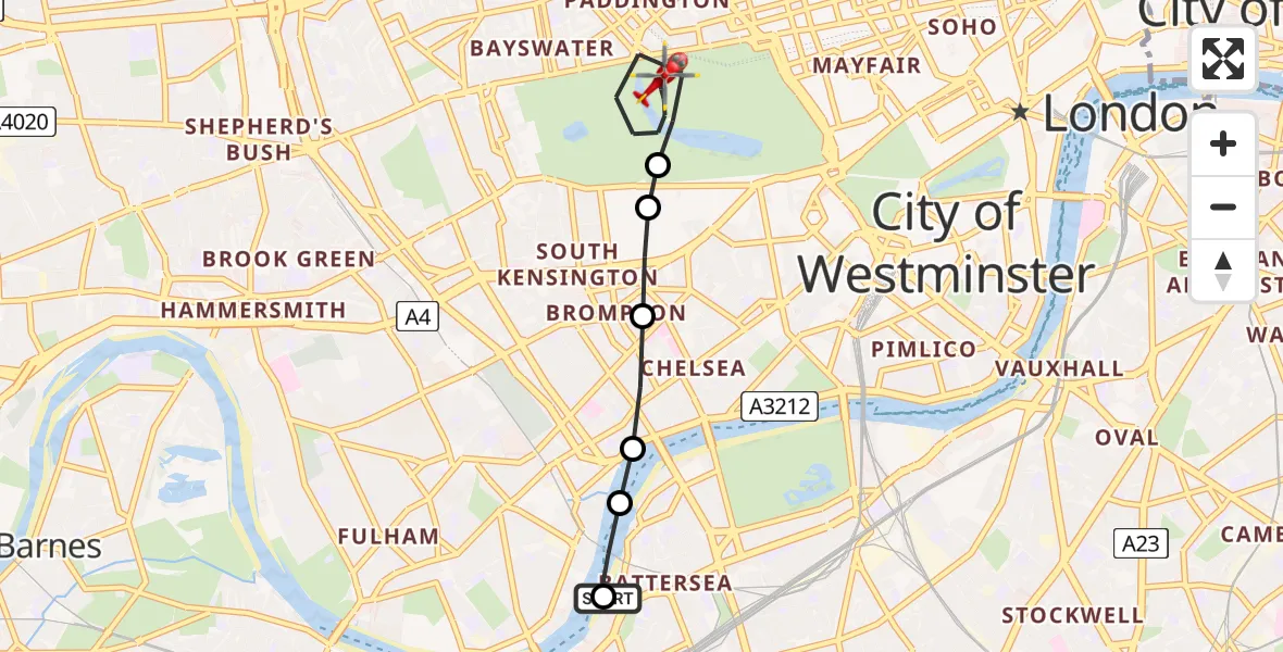 Flight path map showing Air Ambulance Helicopter route from London Heliport to City of Westminster